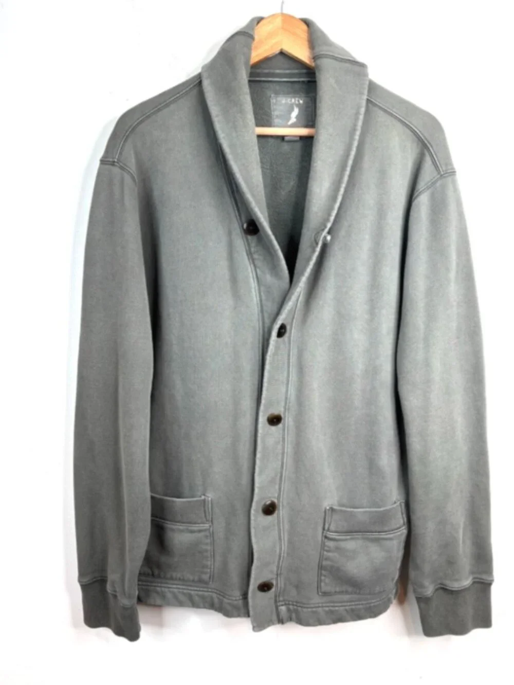 J Crew Vintage Fleece Shawl Collar Cardigan Mens XL Sage Green Cotton Pockets